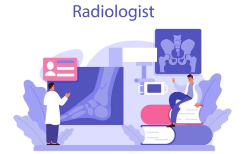 Radiologist concept. Doctor examing X-ray image of human body with computed tomography, MRI and ultrasound. Idea of health care and disease diagnosis. Isolated vector illustration in cartoon style